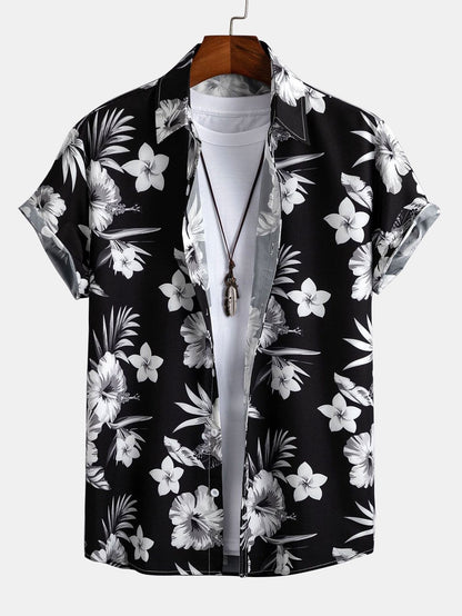 Tropical Floral Button-Up Shirt with Matching Swim Shorts