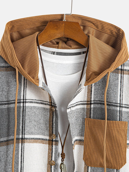 Comfortable Contrast Corduroy Plaid Hooded Shirt