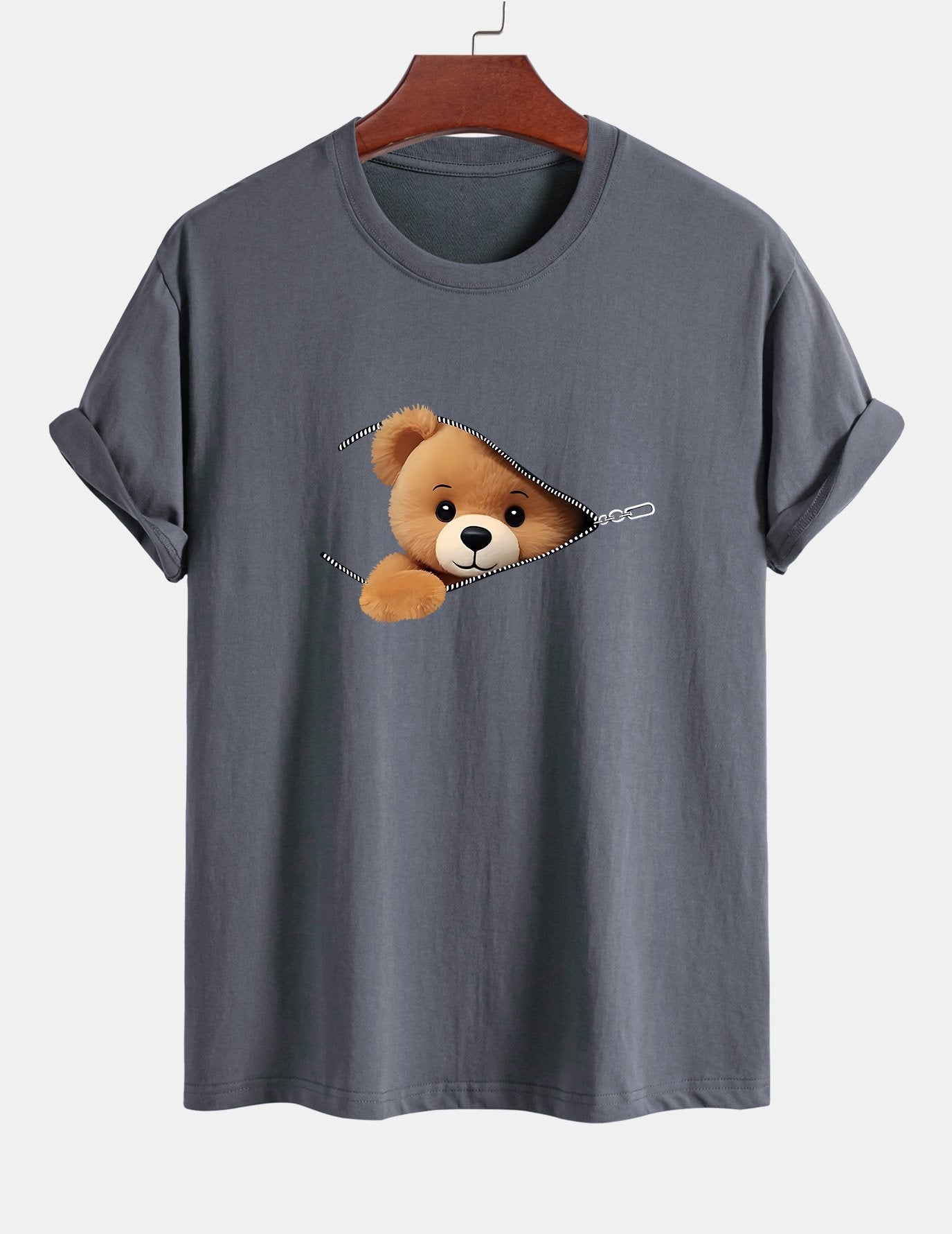 Classic Fit Cotton T-Shirt with Zipper and Bear Print