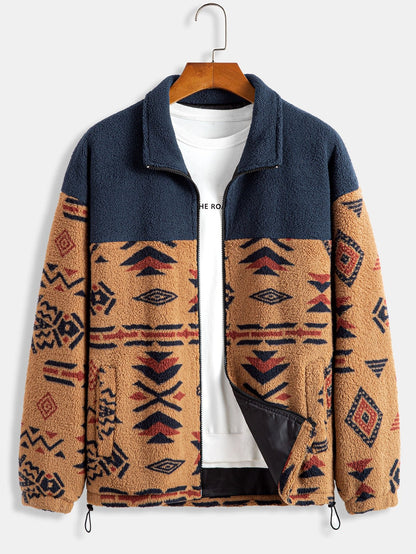 Aztec Patterned Patchwork Teddy Fleece Jacket