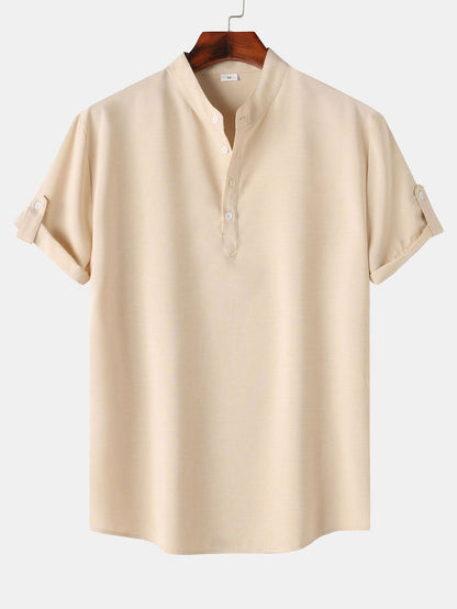 Short Sleeve Henley Shirt with Linen Texture