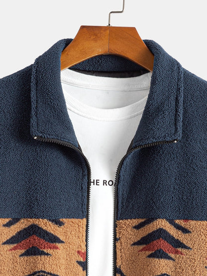 Aztec Patterned Patchwork Teddy Fleece Jacket