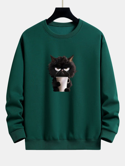Relaxed Fit Sweatshirt Featuring Black Cat Enjoying Coffee Print