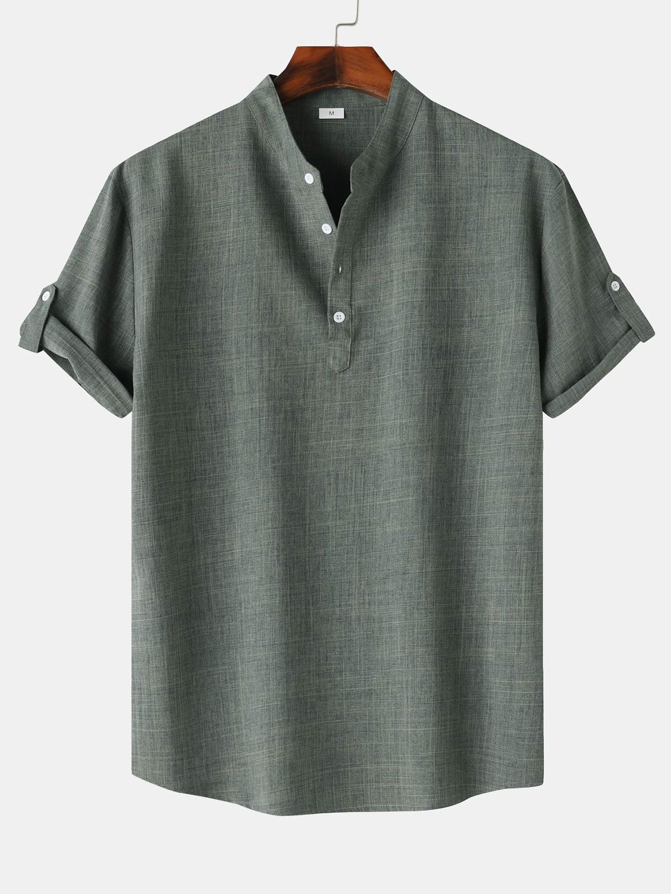 Short Sleeve Henley Shirt with Linen Texture