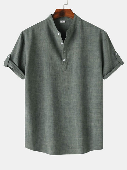 Short Sleeve Henley Shirt with Linen Texture
