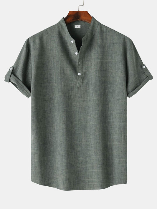 Short Sleeve Henley Shirt with Linen Texture