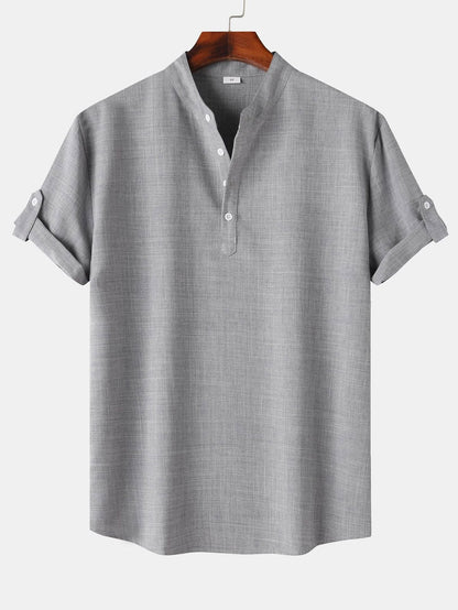 Short Sleeve Henley Shirt with Linen Texture