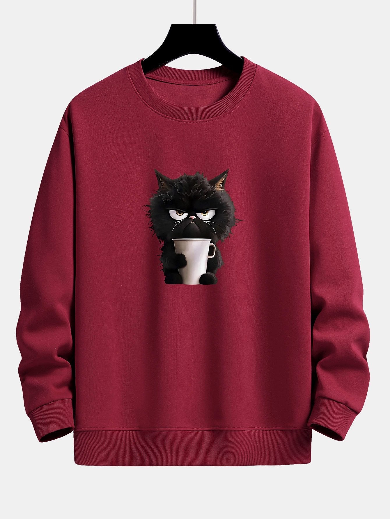 Relaxed Fit Sweatshirt Featuring Black Cat Enjoying Coffee Print