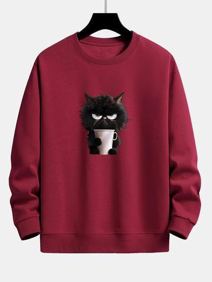 Relaxed Fit Sweatshirt Featuring Black Cat Enjoying Coffee Print