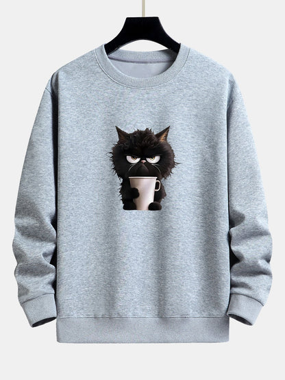 Relaxed Fit Sweatshirt Featuring Black Cat Enjoying Coffee Print