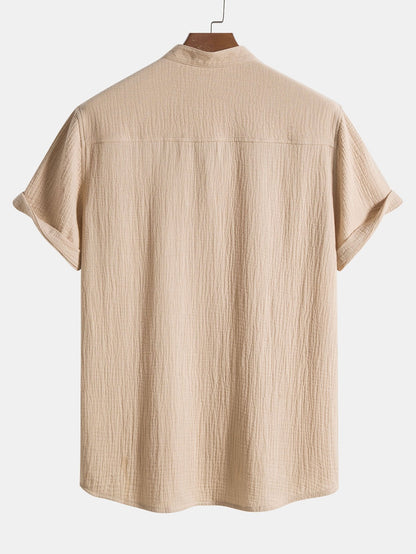 Wrinkled Cotton Henley Shirt with Half Open Placket