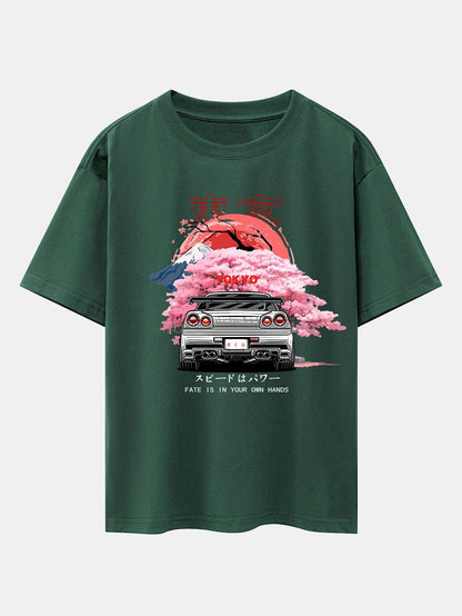 Oversized Drop Shoulder T-Shirt with Tokyo Cherry Blossom Car Print