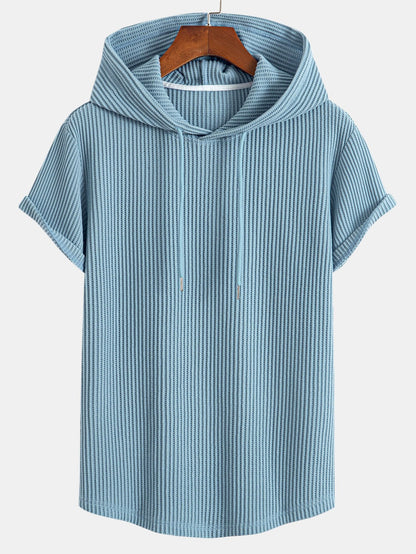 Waffle Knit Hooded T-Shirt with Arc Hem & Drawstring Waffle Shorts