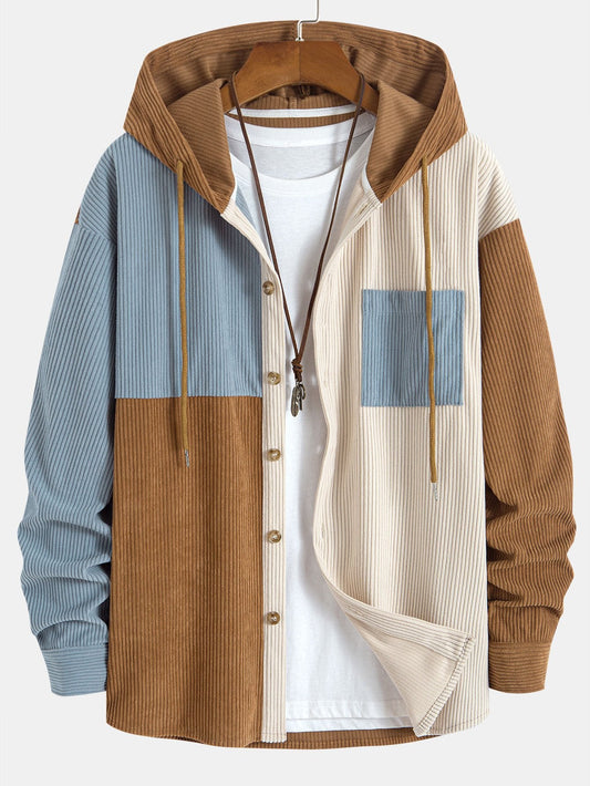 Comfortable Colorblock Corduroy Hooded Shirt