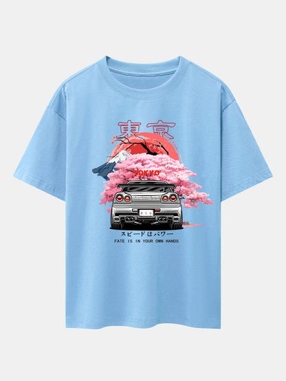 Oversized Drop Shoulder T-Shirt with Tokyo Cherry Blossom Car Print