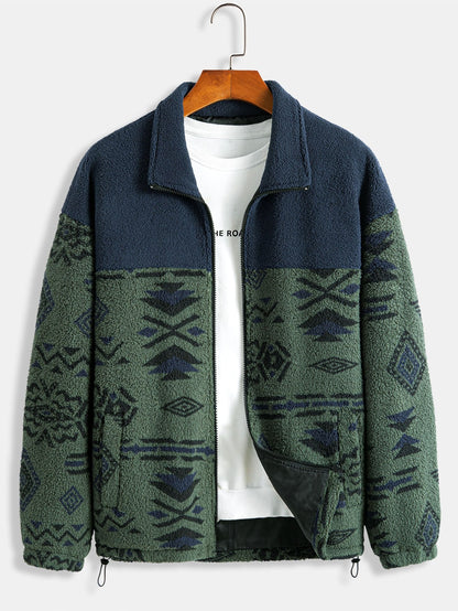 Aztec Patterned Patchwork Teddy Fleece Jacket