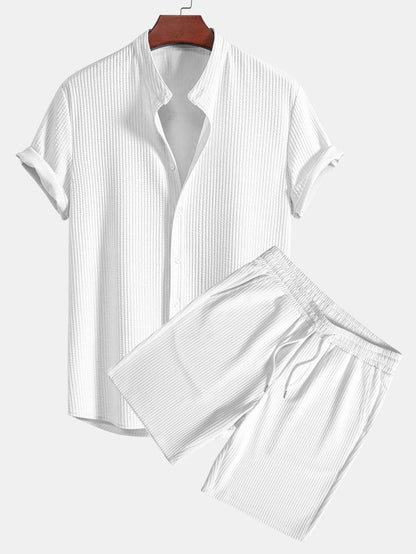 Ribbed Muscle Fit Stand Collar Shirt and Shorts Set