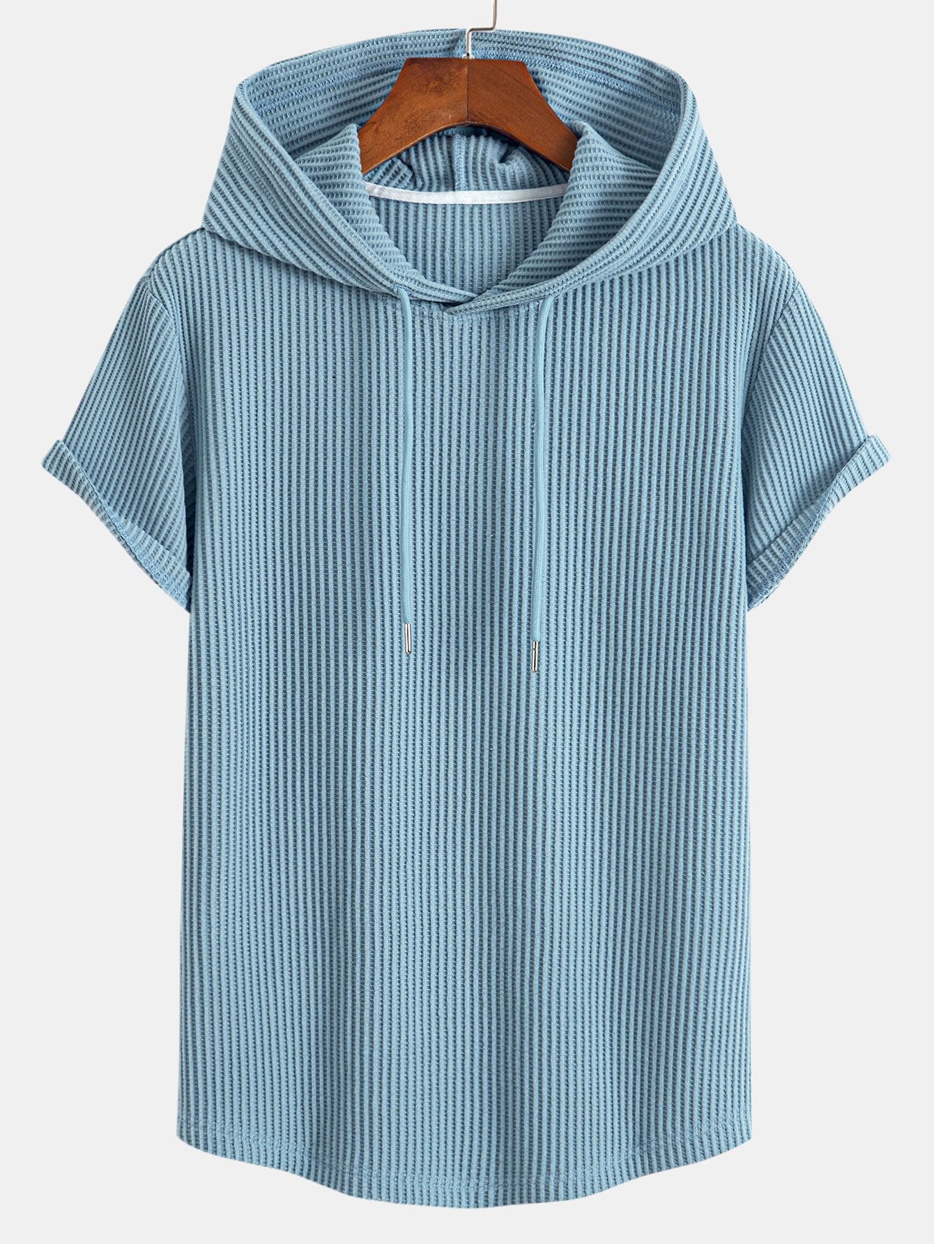 Waffle Knit Hooded T-Shirt with Arc Hem & Drawstring Waffle Shorts