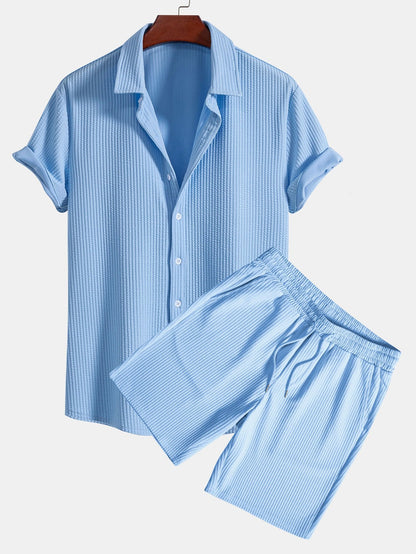 Ribbed Muscle Fit Button-Up Shirt and Shorts Set
