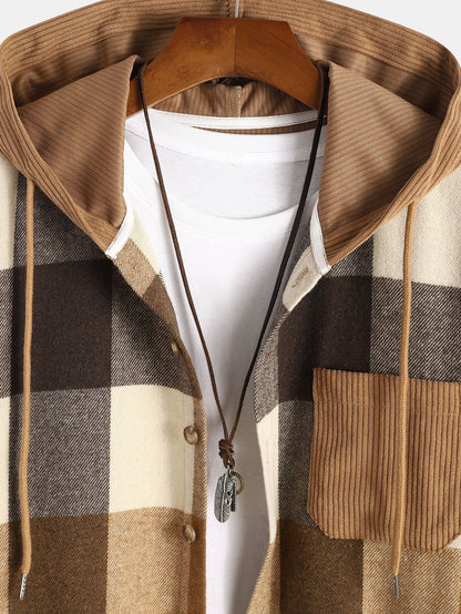 Comfortable Flannel Plaid Hooded Shirt with Corduroy Patchwork