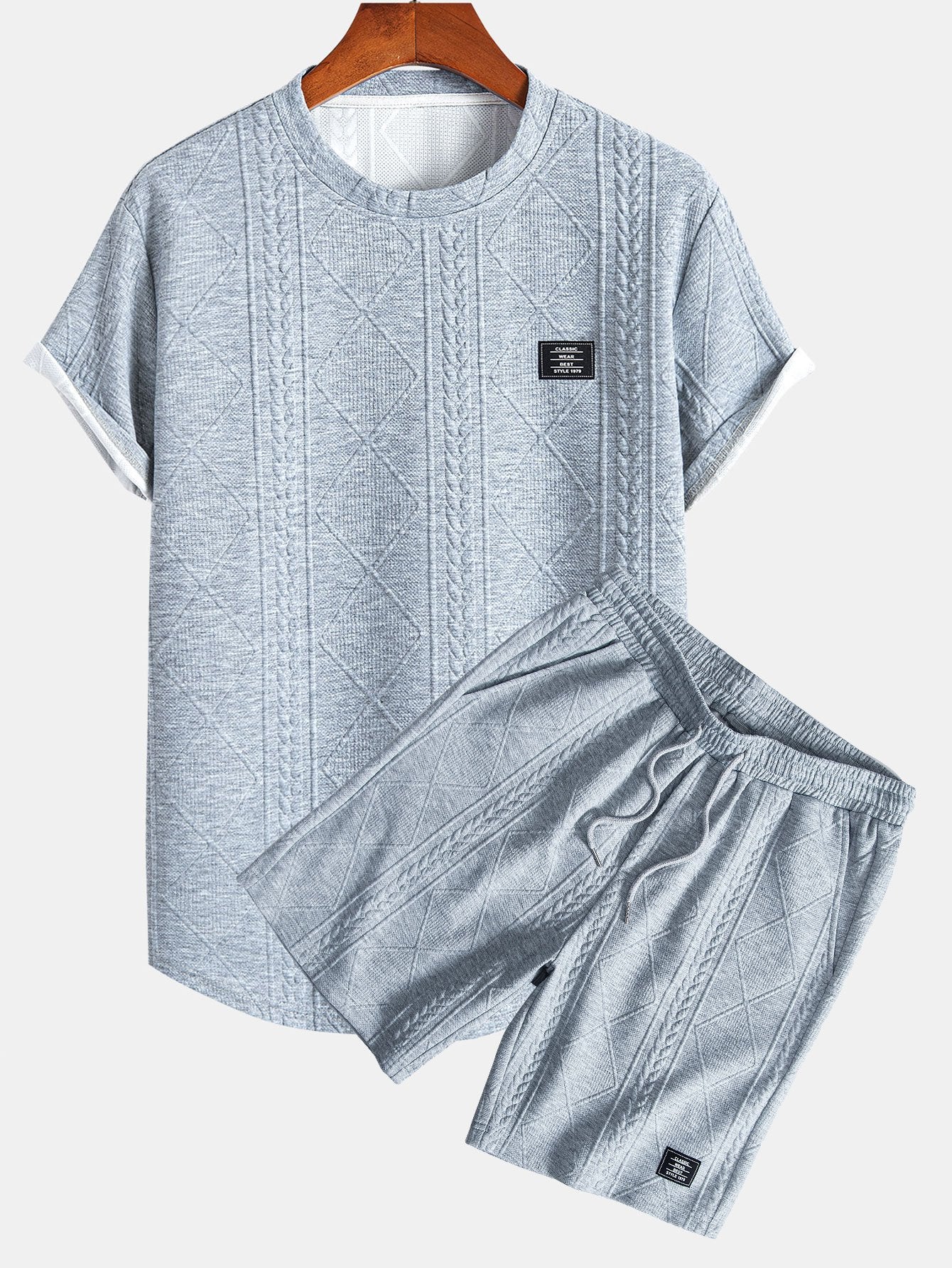 Geometric Jacquard Arc Hem T-Shirt and Shorts Set with Short Sleeves