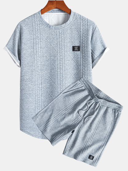 Geometric Jacquard Arc Hem T-Shirt and Shorts Set with Short Sleeves