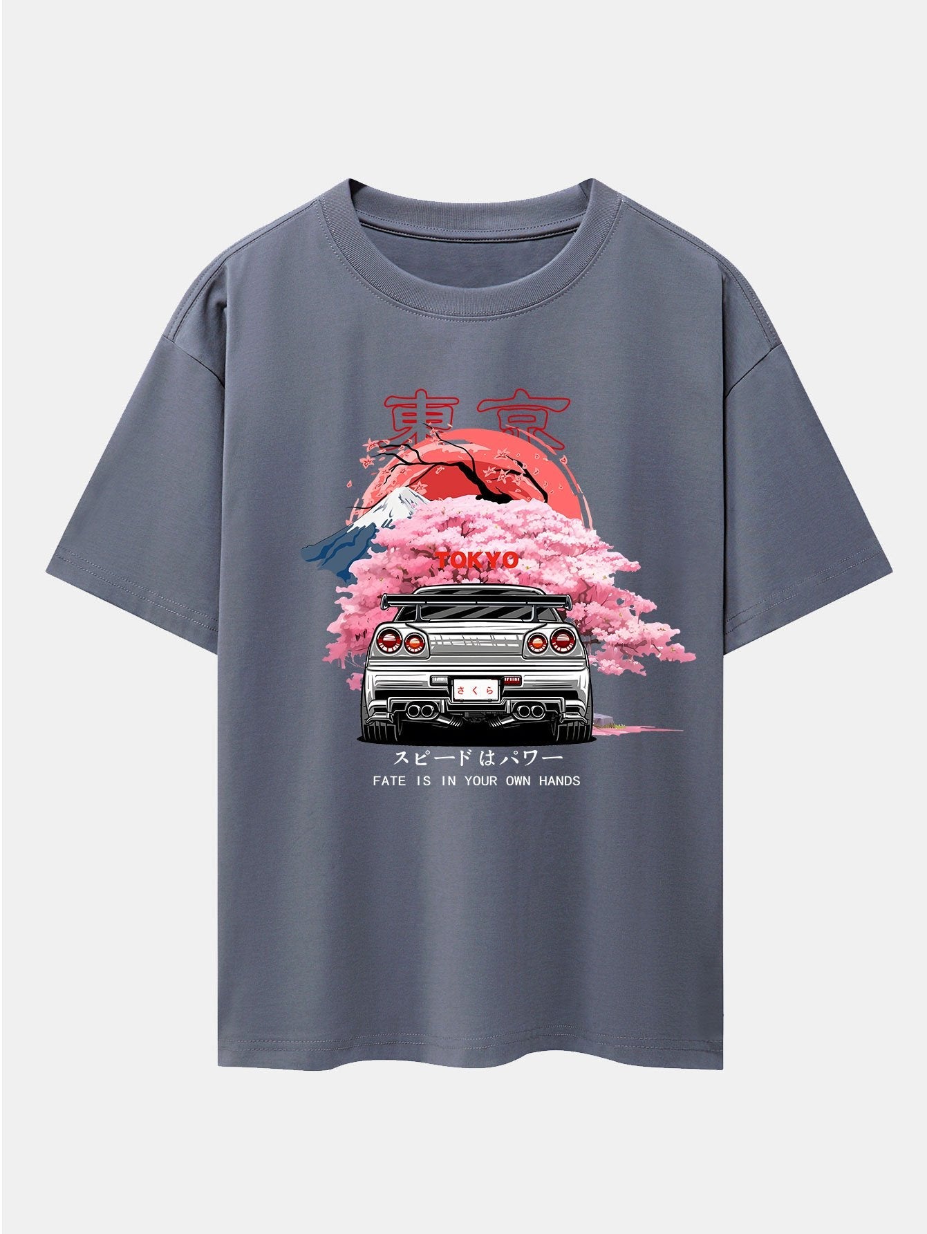 Oversized Drop Shoulder T-Shirt with Tokyo Cherry Blossom Car Print