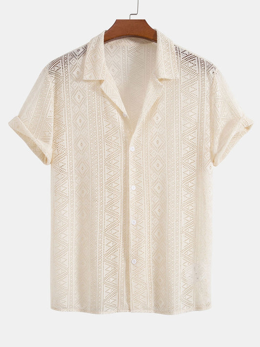 Short Sleeve Textured Cuban Shirt with Geometric Design