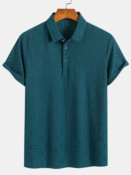 Textured Knit Polo with Short Sleeves and Letter Design
