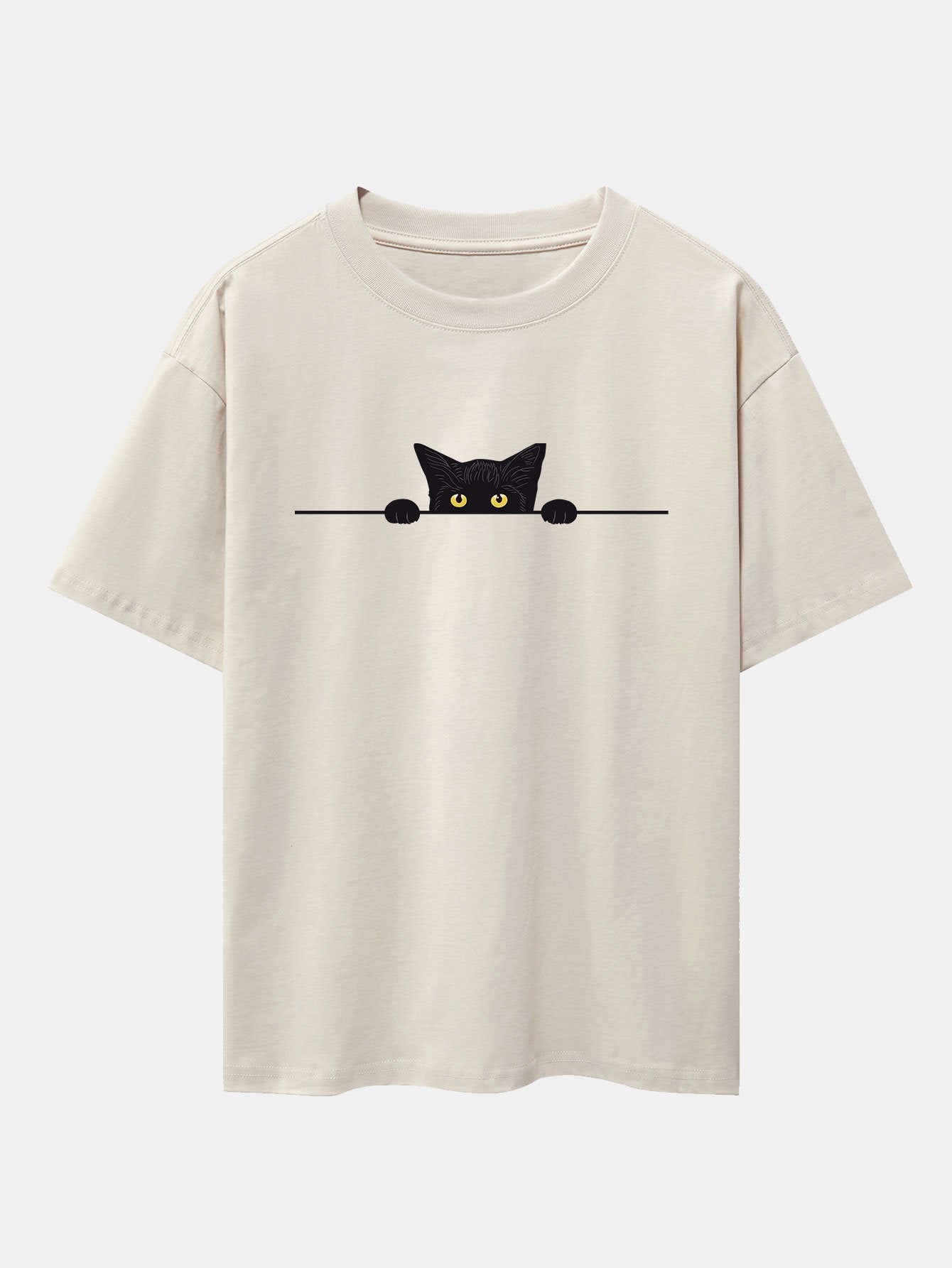 Oversized Drop Shoulder T-Shirt with Black Cat Print
