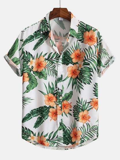 Tropical Print Button-Up Shirt with Matching Swim Shorts