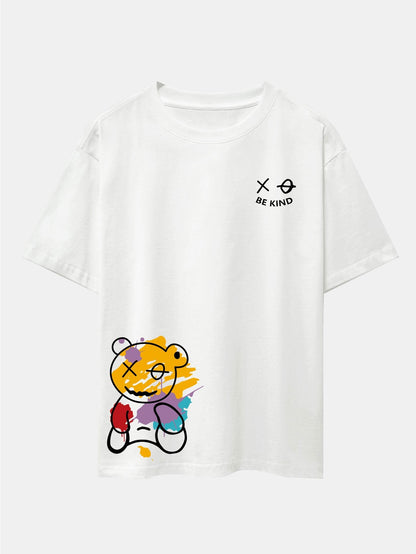 Oversized Drop Shoulder T-Shirt with Graffiti Bear Print