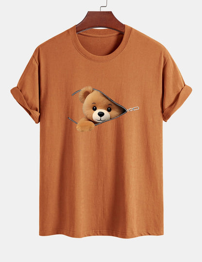 Classic Fit Cotton T-Shirt with Zipper and Bear Print