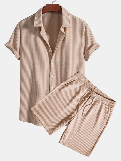 Ribbed Muscle Fit Button-Up Shirt and Shorts Set