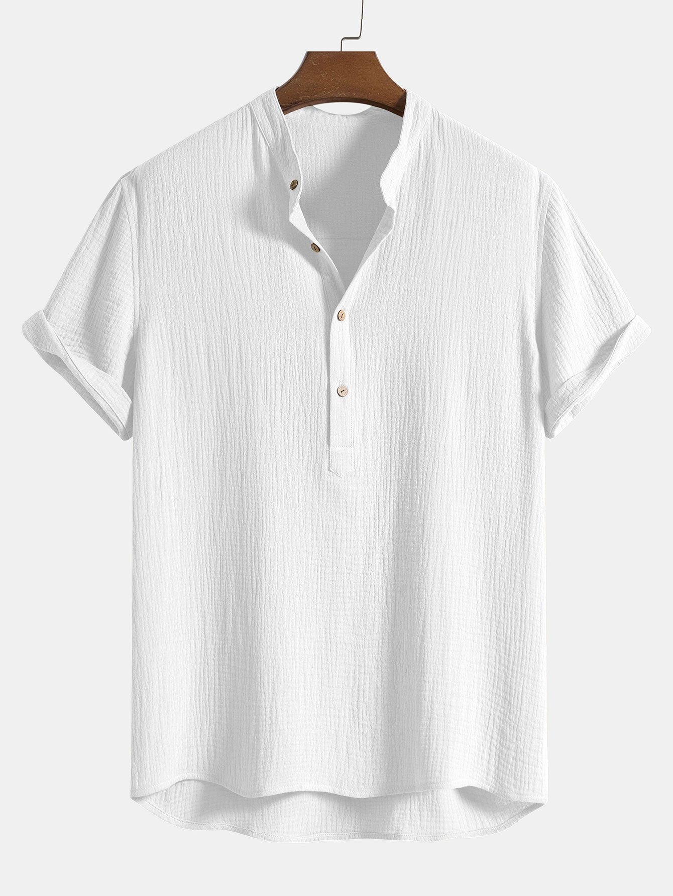 Wrinkled Cotton Henley Shirt with Half Open Placket