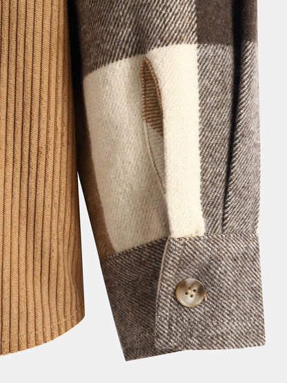 Cozy Plaid Corduroy Patchwork Hooded Shirt with Relaxed Fit