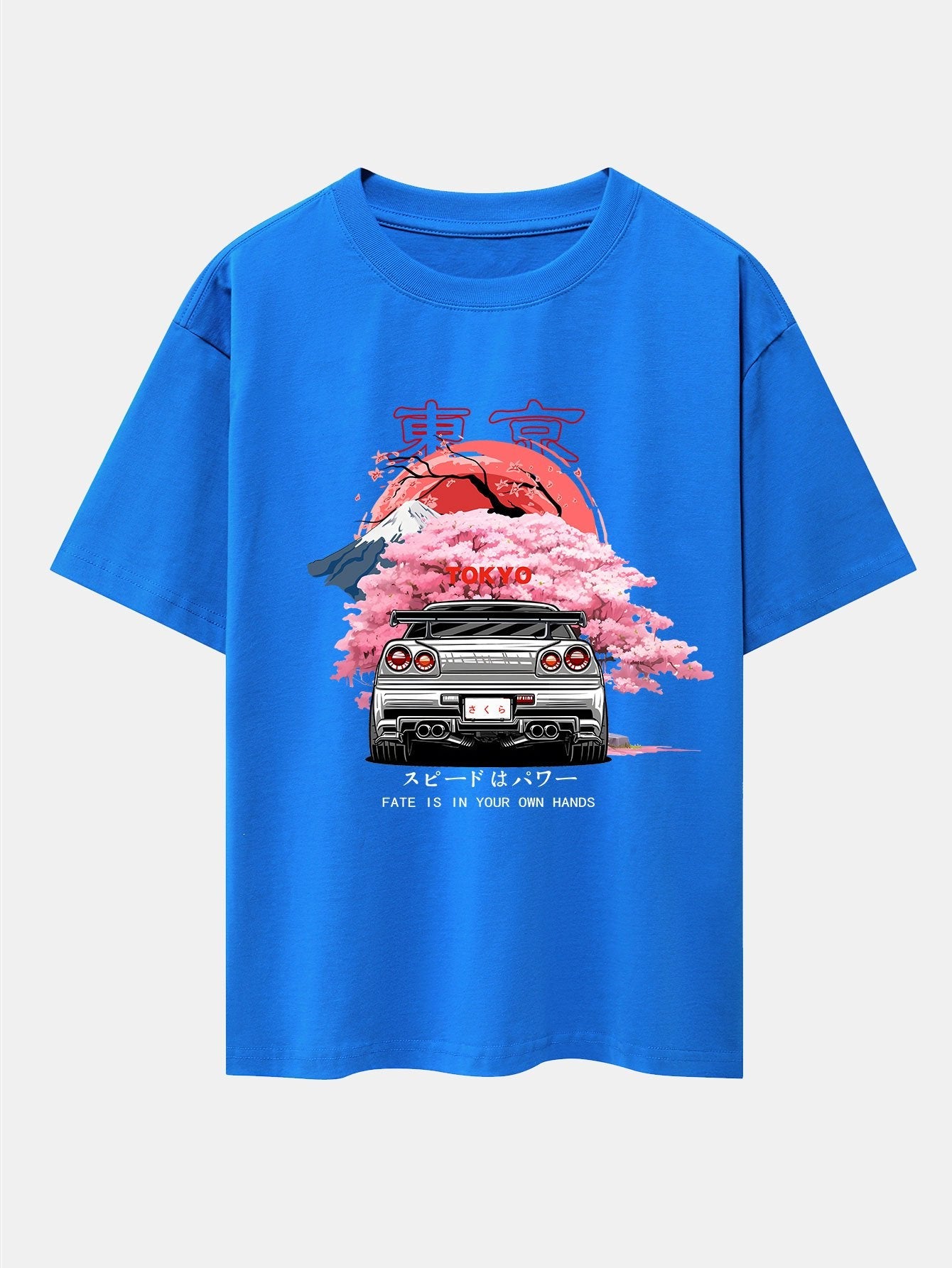Oversized Drop Shoulder T-Shirt with Tokyo Cherry Blossom Car Print