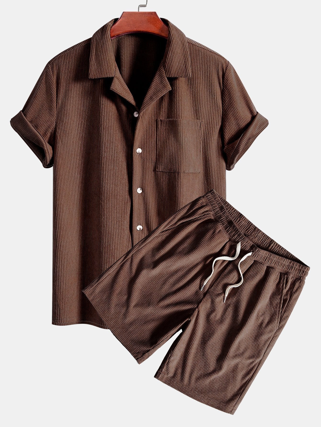 Corduroy Cuban Shirt and Shorts Set with Short Sleeves