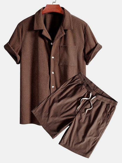 Corduroy Cuban Shirt and Shorts Set with Short Sleeves